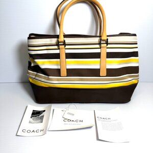Coach Leather Canvas Striped Brown Yellow & Tan Satchel Bag . New With Tags